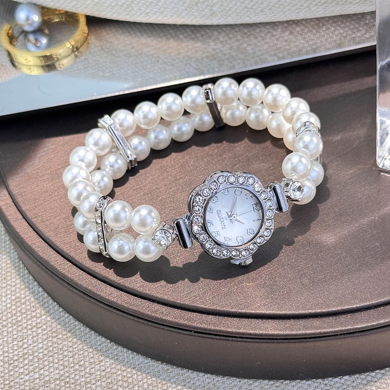 Elegant Pearl Diamond-Encrusted Watch, Vintage Luxury Bracelet Style for Ladies, Convenient Quartz Wristwatch