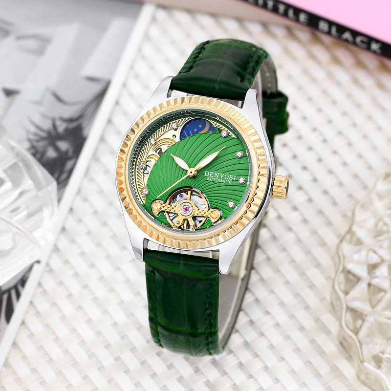 Luxury Fashion Casual Leather Watch For Ladies Flywheel Double Hollowed Automatic Mechanical Waterp 6