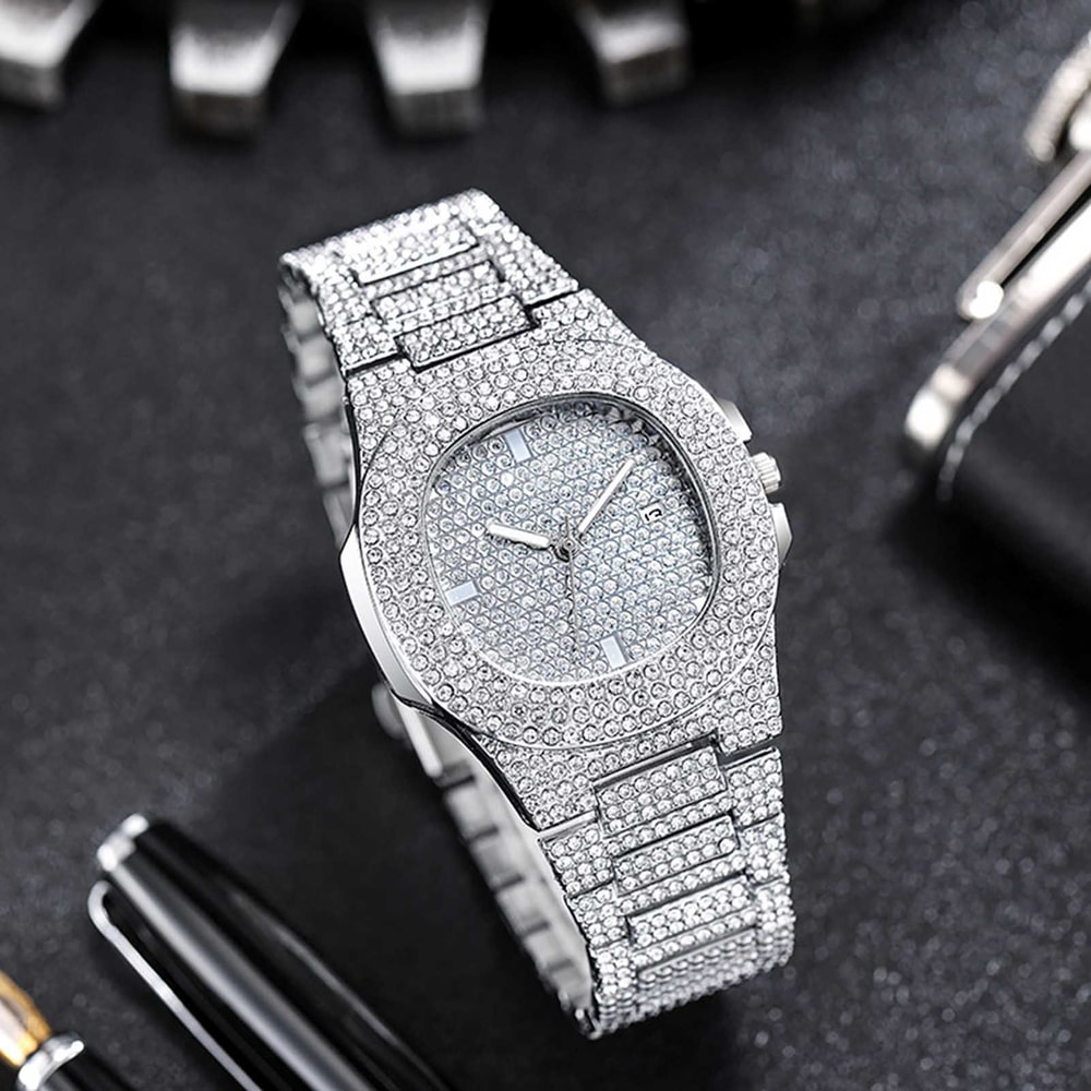 Luxurious Hiphop Full Diamond Square Quartz Watch Rhinestone Studded Dial For Men And Women 0
