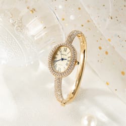 elegant women's quartz wrist watch with roman numerals, waterproof, rhinestone inlaid oval design