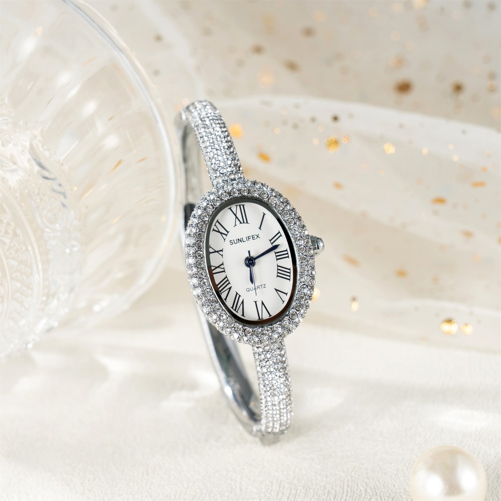 Elegant Womens Quartz Wrist Watch With Roman Numerals Waterproof Rhinestone Inlaid Oval Design 2