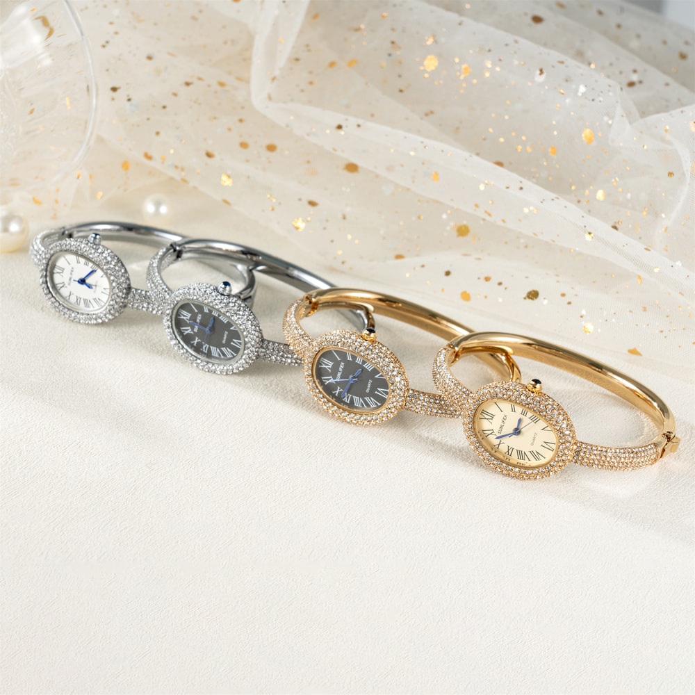Elegant Womens Quartz Wrist Watch With Roman Numerals Waterproof Rhinestone Inlaid Oval Design 4