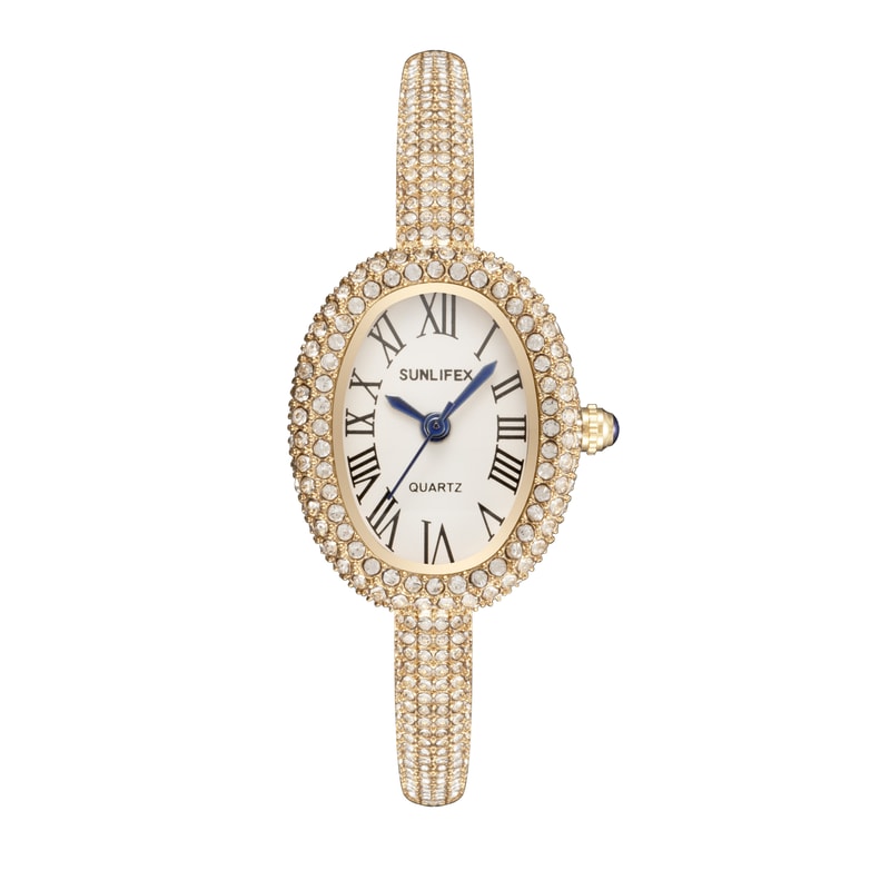 Elegant Womens Quartz Wrist Watch With Roman Numerals Waterproof Rhinestone Inlaid Oval Design 5