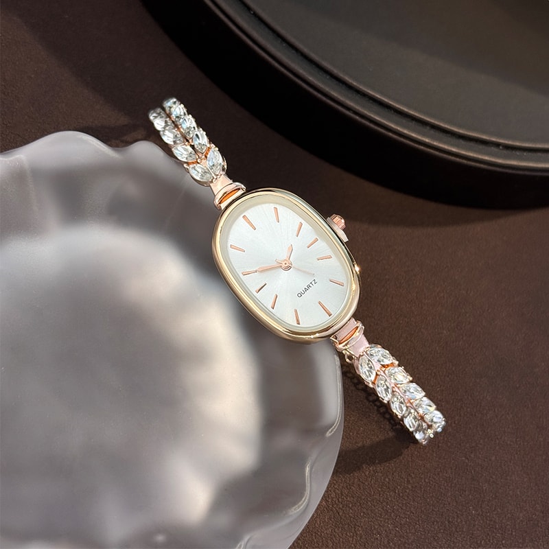 Bestselling Elegant Leaf Embedded Diamond Quartz Watch New Oval Pull Cord Fashion Bracelet 1