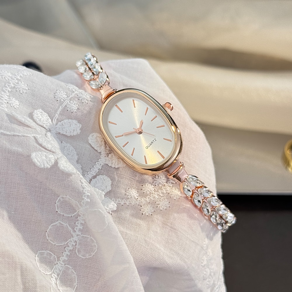 Bestselling Elegant Leaf Embedded Diamond Quartz Watch New Oval Pull Cord Fashion Bracelet 2