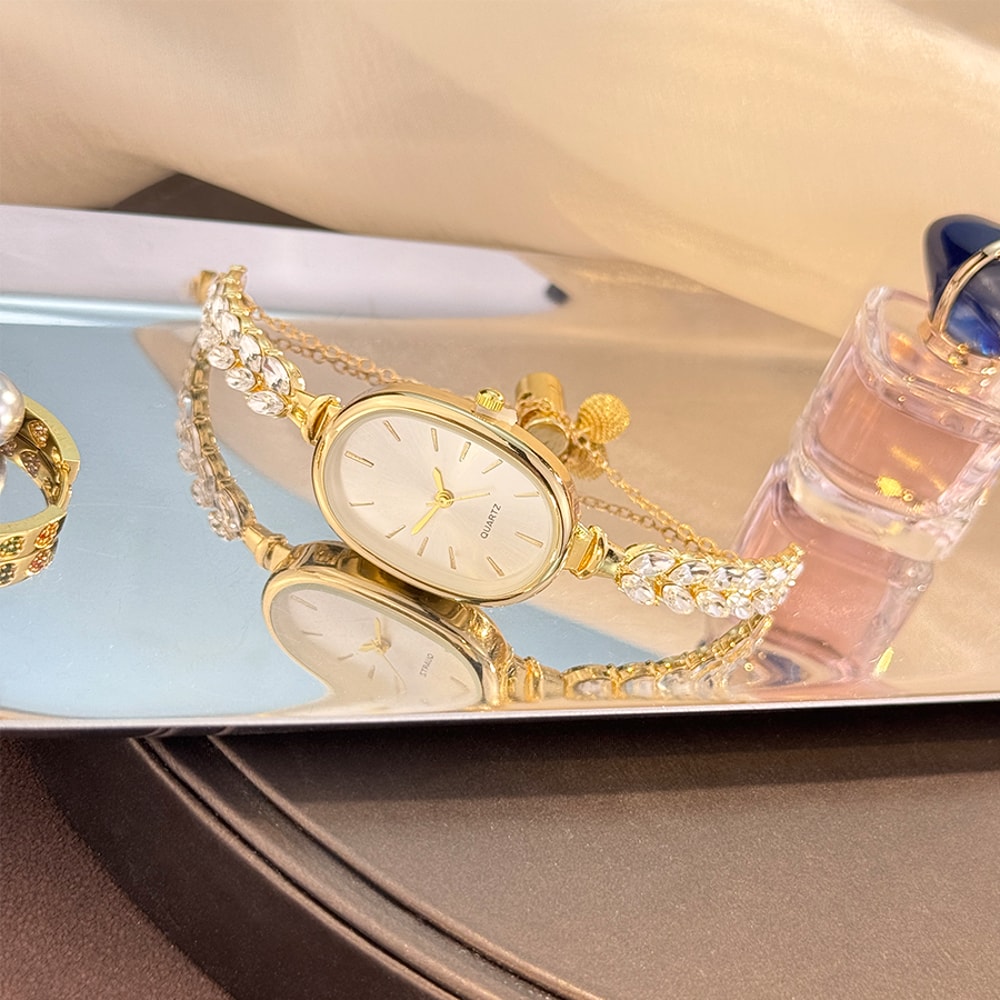 Bestselling Elegant Leaf Embedded Diamond Quartz Watch New Oval Pull Cord Fashion Bracelet 4