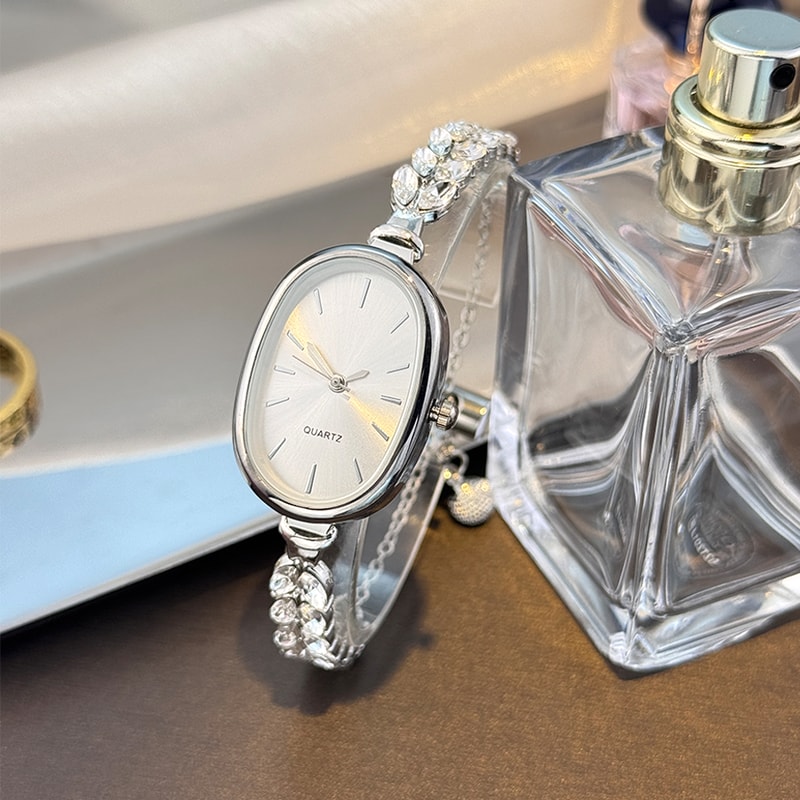 Bestselling Elegant Leaf Embedded Diamond Quartz Watch New Oval Pull Cord Fashion Bracelet 6