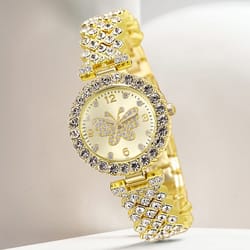 luxury women quartz watch bracelet set with golden butterfly element, trendy fashion for daily wear