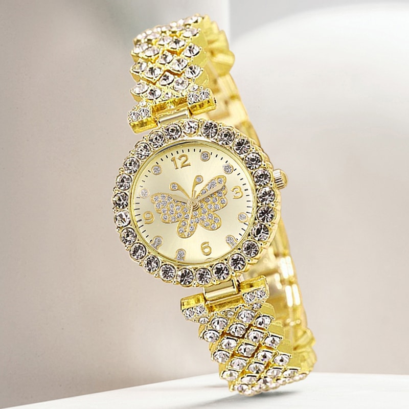 Luxury Women Quartz Watch Bracelet Set With Golden Butterfly Element Trendy Fashion For Daily Wear 0