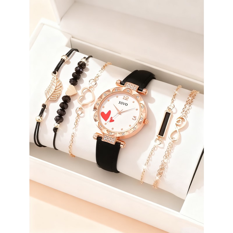 Rose Gold White Watch Set Love Diamond Women Watch Light Luxury Fashion Bracelet Holiday Gift 0
