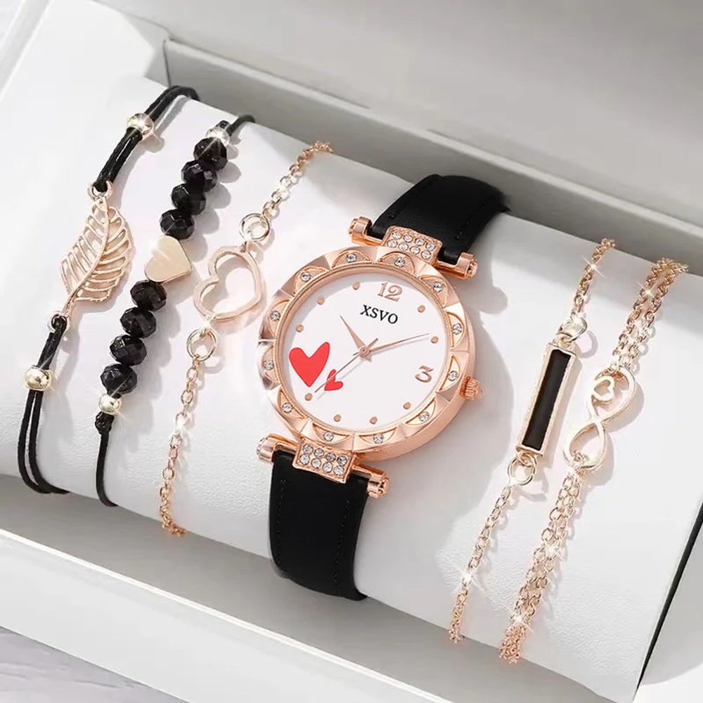 Rose Gold White Watch Set Love Diamond Women Watch Light Luxury Fashion Bracelet Holiday Gift 1