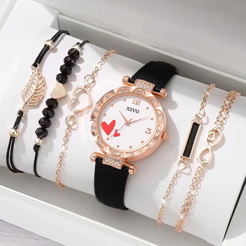 Rose Gold White Watch Set Love Diamond Women Watch Light Luxury Fashion Bracelet Holiday Gift 1