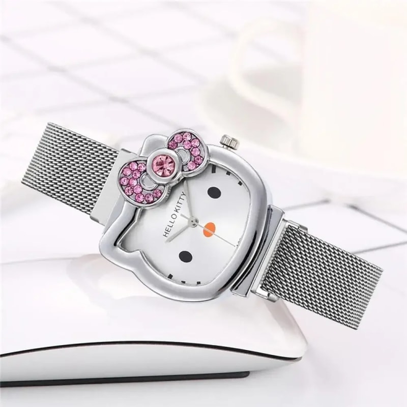 Sanrio Anime Quartz Watch Hello Kitty Bow Diamond Design Cute Cartoon Magnet Watches For Girls Birt 2