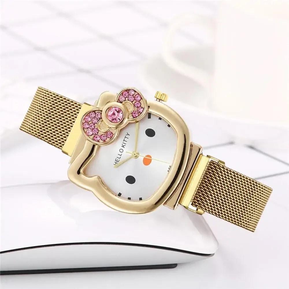 Sanrio Anime Quartz Watch Hello Kitty Bow Diamond Design Cute Cartoon Magnet Watches For Girls Birt 3