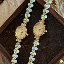 elegant vintage women's watch with pearl, rhinestone inlays, oval mother-of-pearl dial for daily wear and parties