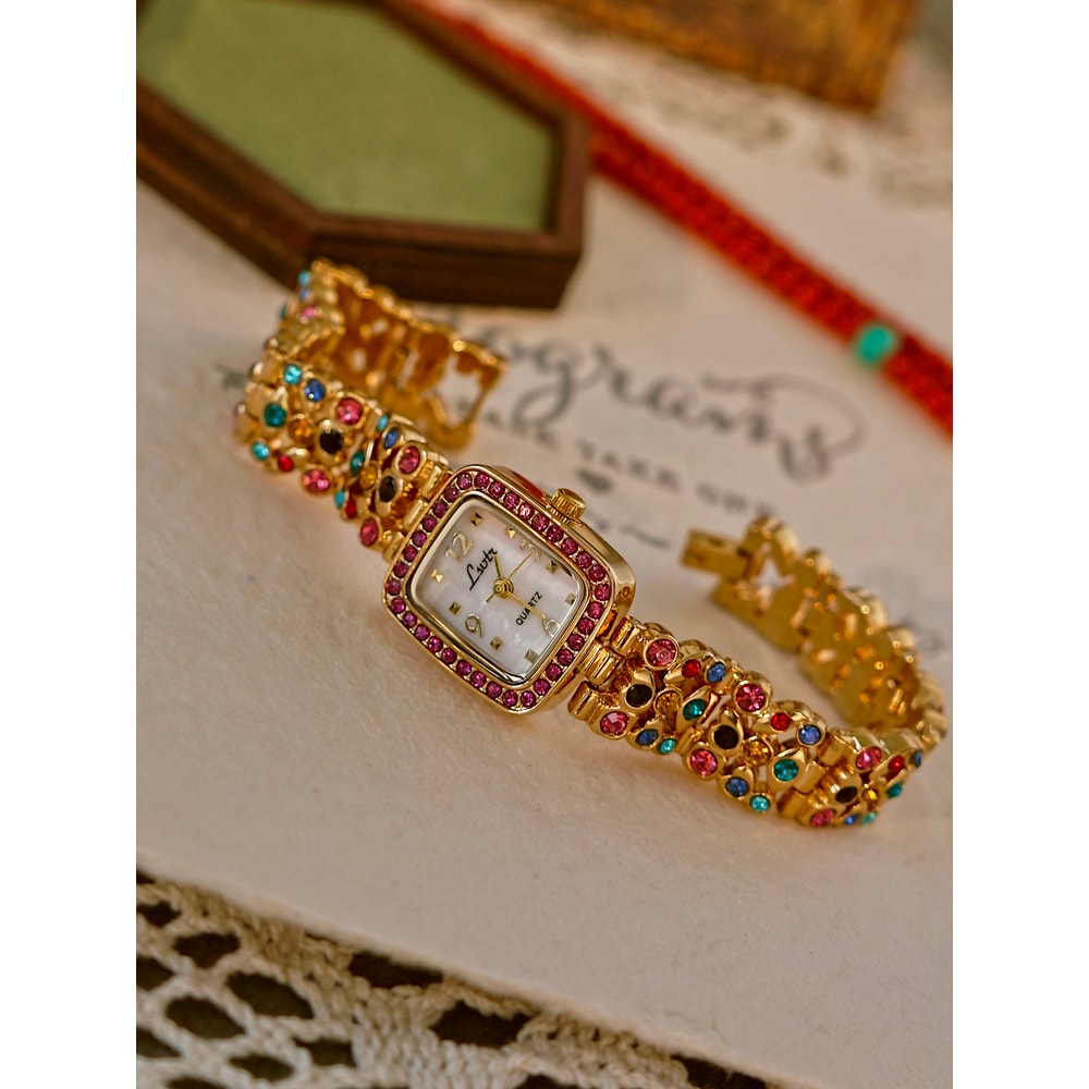Waterproof Womens Square Quartz Watch With Colorful Rhinestone Gemstone Inlaid Strap And MotherOfPe 0