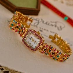 waterproof women's square quartz watch with colorful rhinestone gemstone inlaid strap and mother-of-pearl dial