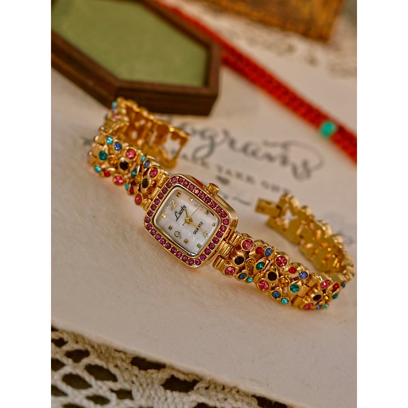 Waterproof Womens Square Quartz Watch With Colorful Rhinestone Gemstone Inlaid Strap And MotherOfPe 0