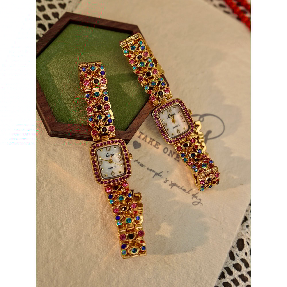 Waterproof Womens Square Quartz Watch With Colorful Rhinestone Gemstone Inlaid Strap And MotherOfPe 1