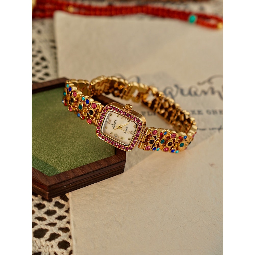 Waterproof Womens Square Quartz Watch With Colorful Rhinestone Gemstone Inlaid Strap And MotherOfPe 3