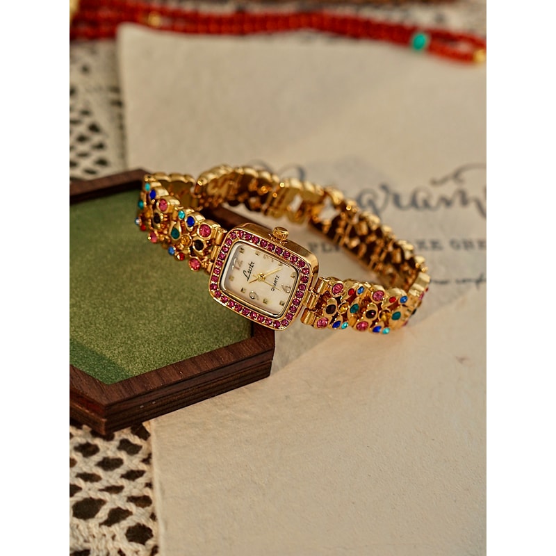 Waterproof Womens Square Quartz Watch With Colorful Rhinestone Gemstone Inlaid Strap And MotherOfPe 3