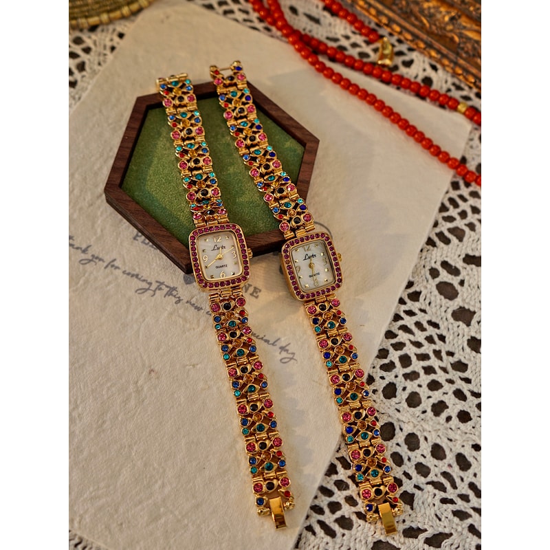 Waterproof Womens Square Quartz Watch With Colorful Rhinestone Gemstone Inlaid Strap And MotherOfPe 4