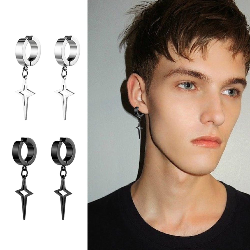 Stainless Steel Fake Non Piercing Earrings For Men Women With Punk Star Pendant Hoop Jewelry 2