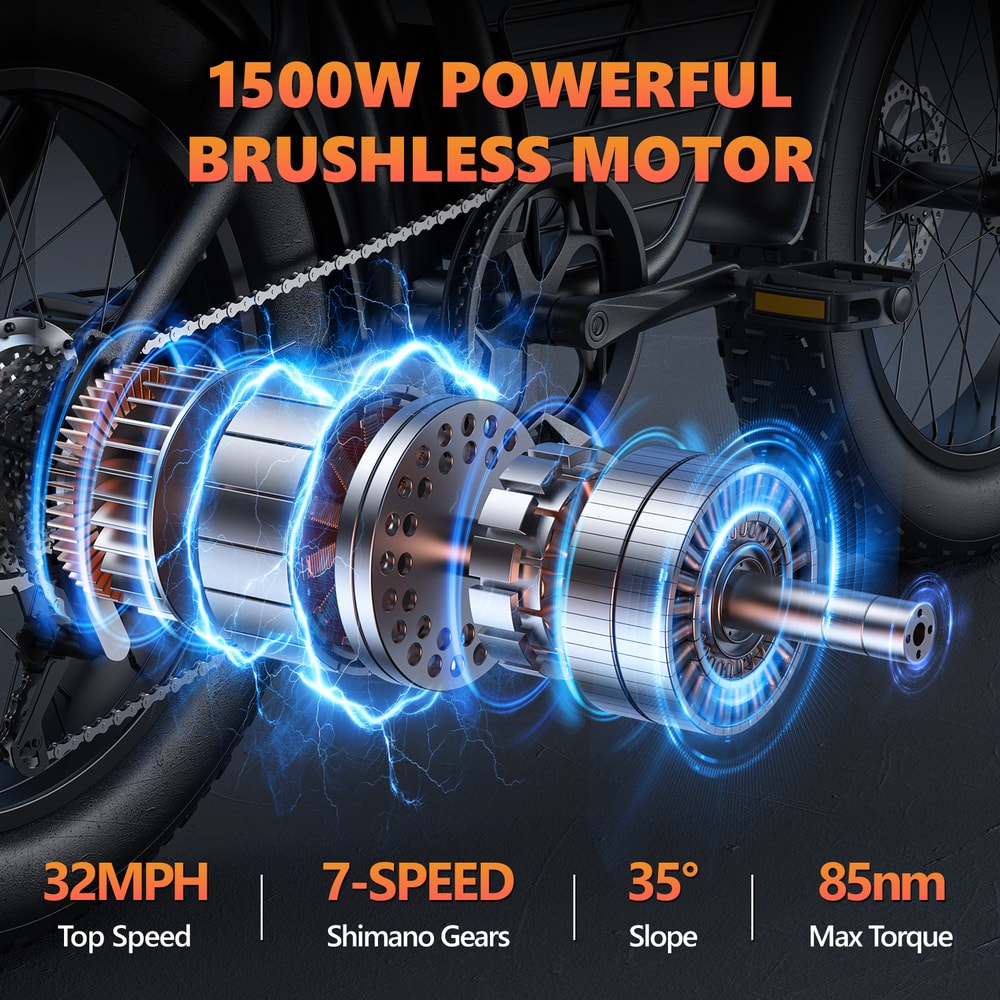 Electric Bike Motor, Fat Tire Adult Bicycle 32MPH, 7-Speed, 20 Inch