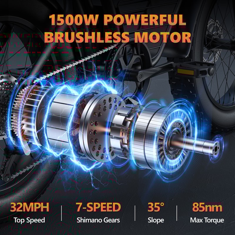 Electric Bike Motor, Fat Tire Adult Bicycle 32MPH, 7-Speed, 20 Inch