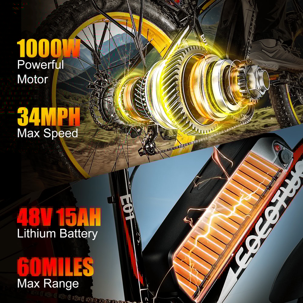 Electric Bike Adult 26 Fat Tire Peak Motor 34MPH Speed 60Mile Range Mountain E Bike 2
