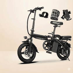 foldable electric bicycle with dual disc brakes, battery, 14 inches, 22 mile range, 20mph speed