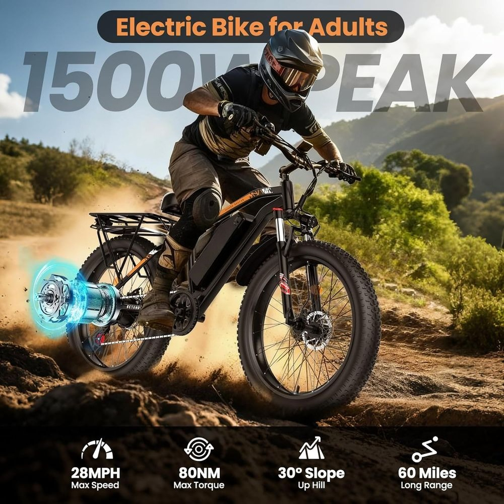 Adult Fat Tire E-Bike, Peak Motor, 15Ah Fast E-Mountain Bike, 26" All Terrain E-Bike, 28MPH, 60 Miles Range