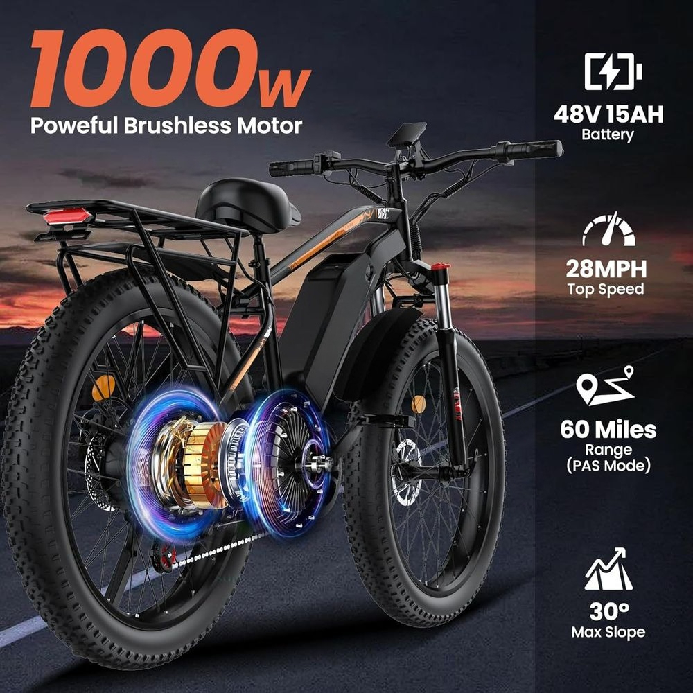 Adult Fat Tire E-Bike, Peak Motor, 15Ah Fast E-Mountain Bike, 26" All Terrain E-Bike, 28MPH, 60 Miles Range