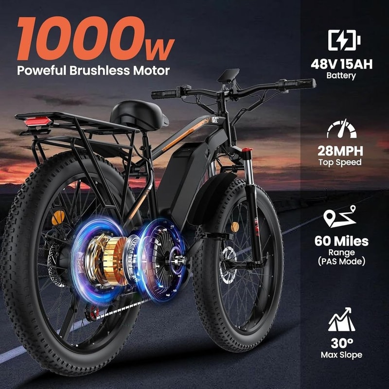 Adult Fat Tire E-Bike, Peak Motor, 15Ah Fast E-Mountain Bike, 26" All Terrain E-Bike, 28MPH, 60 Miles Range