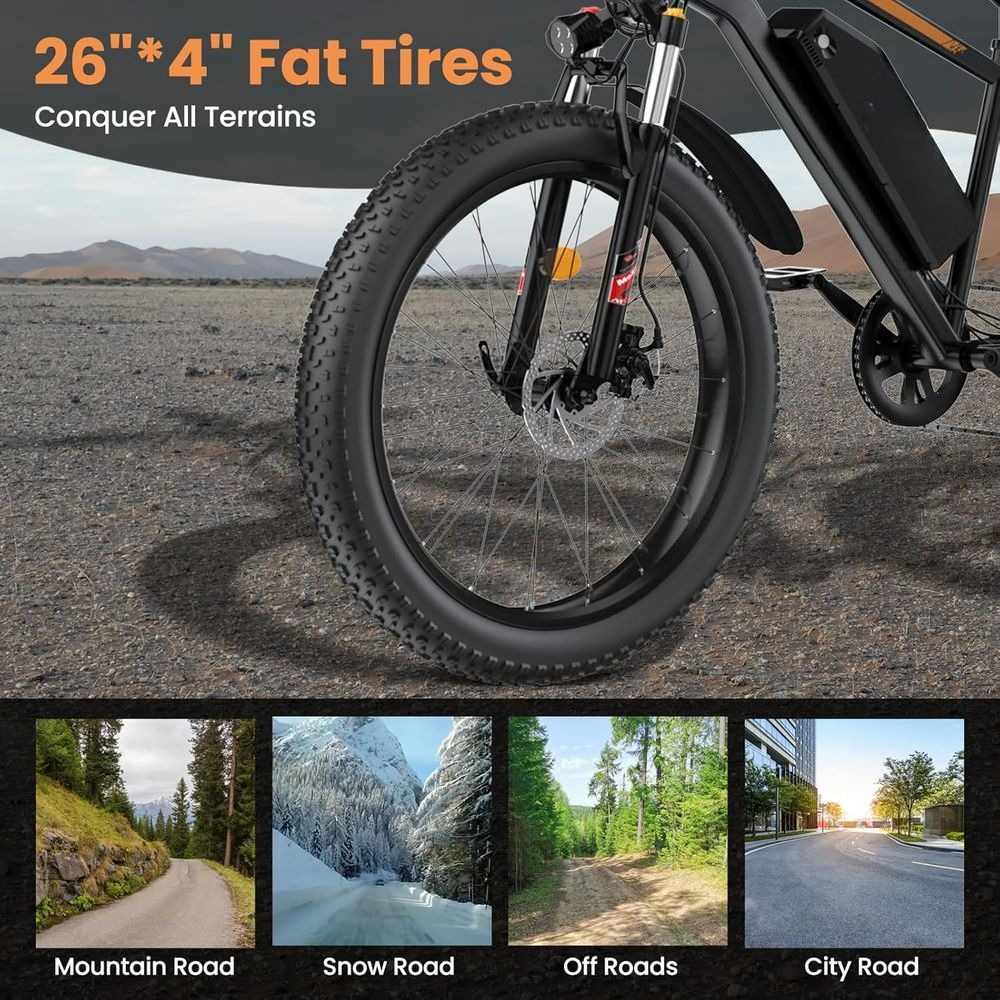 Adult Fat Tire E-Bike, Peak Motor, 15Ah Fast E-Mountain Bike, 26" All Terrain E-Bike, 28MPH, 60 Miles Range