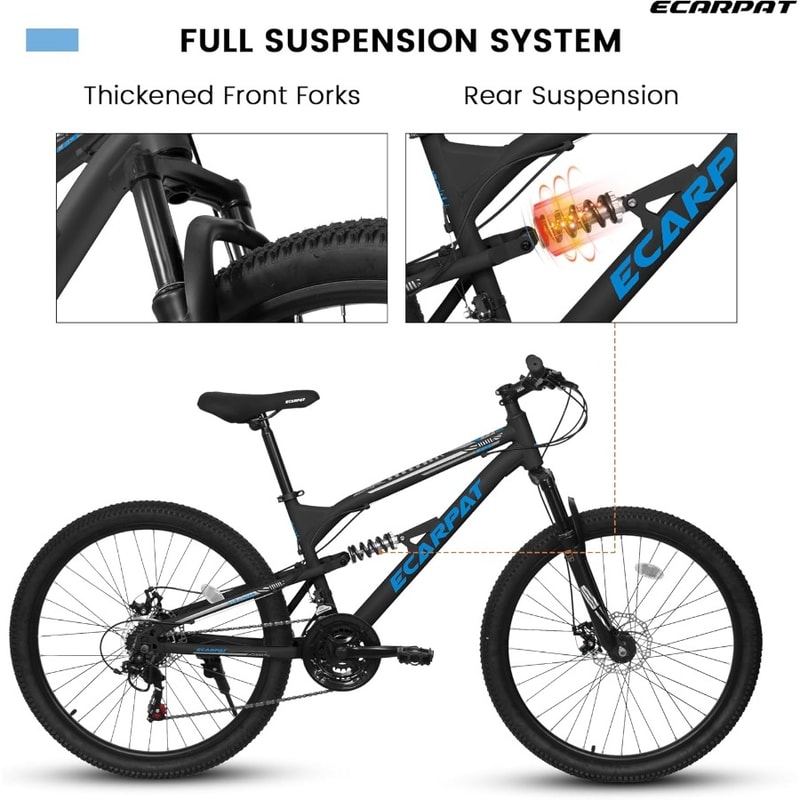 Mountain Bike Full Front Suspension for Men and Boys, Gear System, Steel Frame Dual Disc