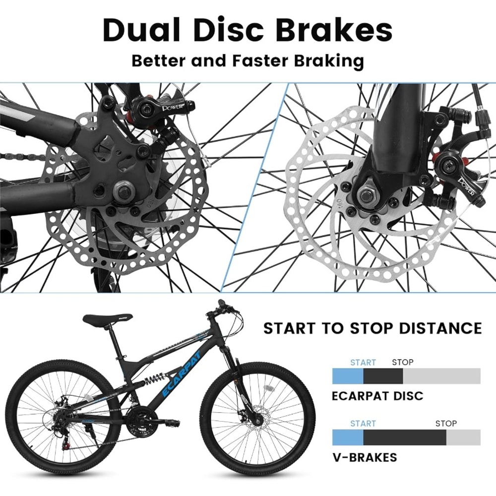 Mountain Bike Full Front Suspension for Men and Boys, Gear System, Steel Frame Dual Disc