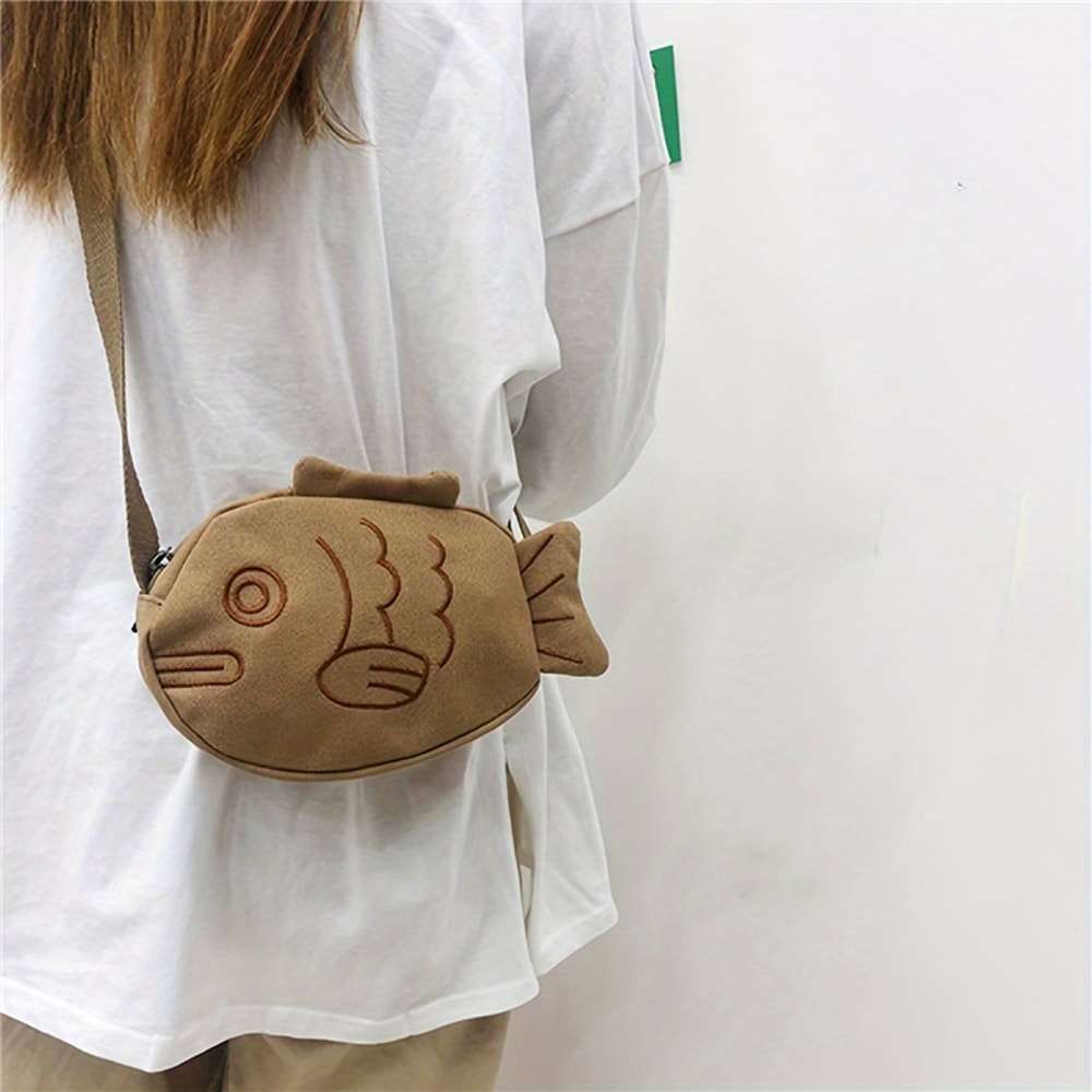 Fashionable Fish Shape Canvas Messenger Bag Mini Crossbody Cute Embroidery Zippered Purses 1