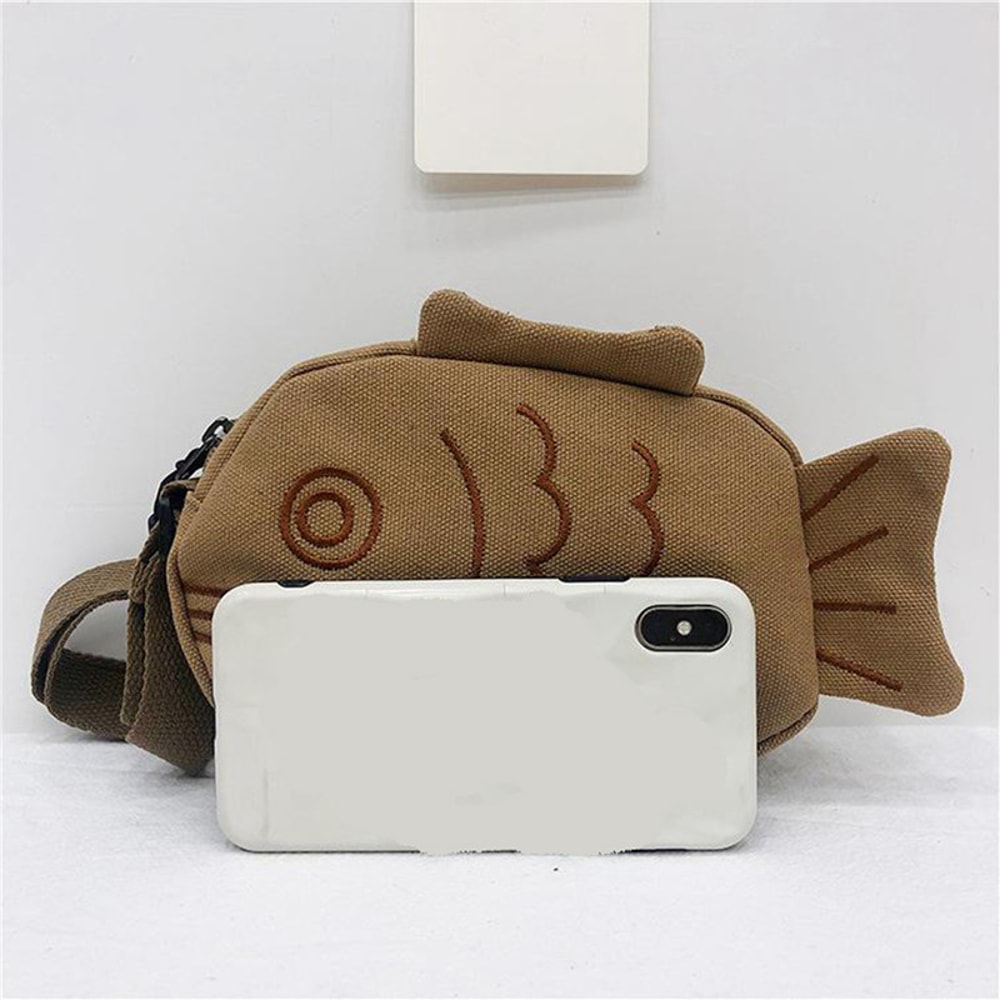 Fashionable Fish Shape Canvas Messenger Bag Mini Crossbody Cute Embroidery Zippered Purses 3