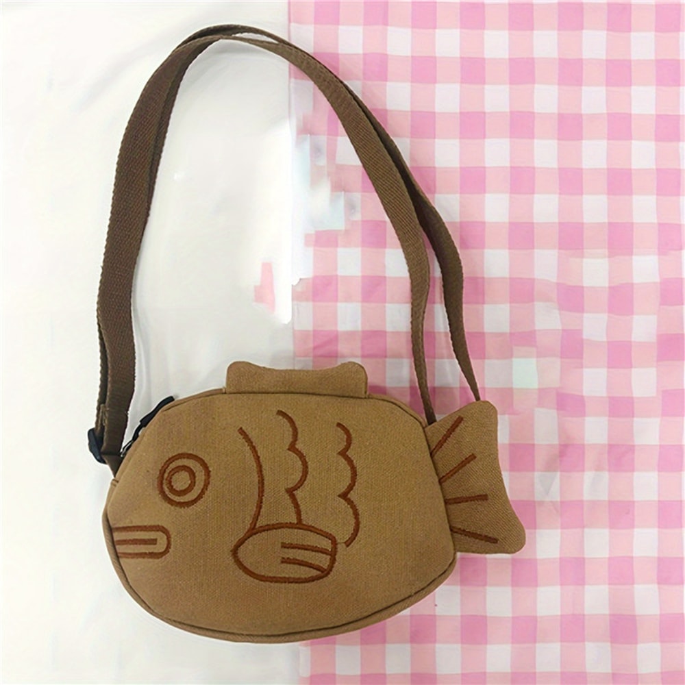 Fashionable Fish Shape Canvas Messenger Bag Mini Crossbody Cute Embroidery Zippered Purses 4