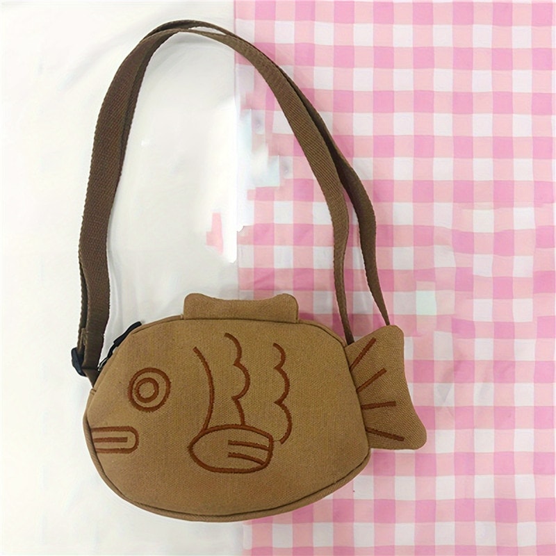 Fashionable Fish Shape Canvas Messenger Bag Mini Crossbody Cute Embroidery Zippered Purses 4
