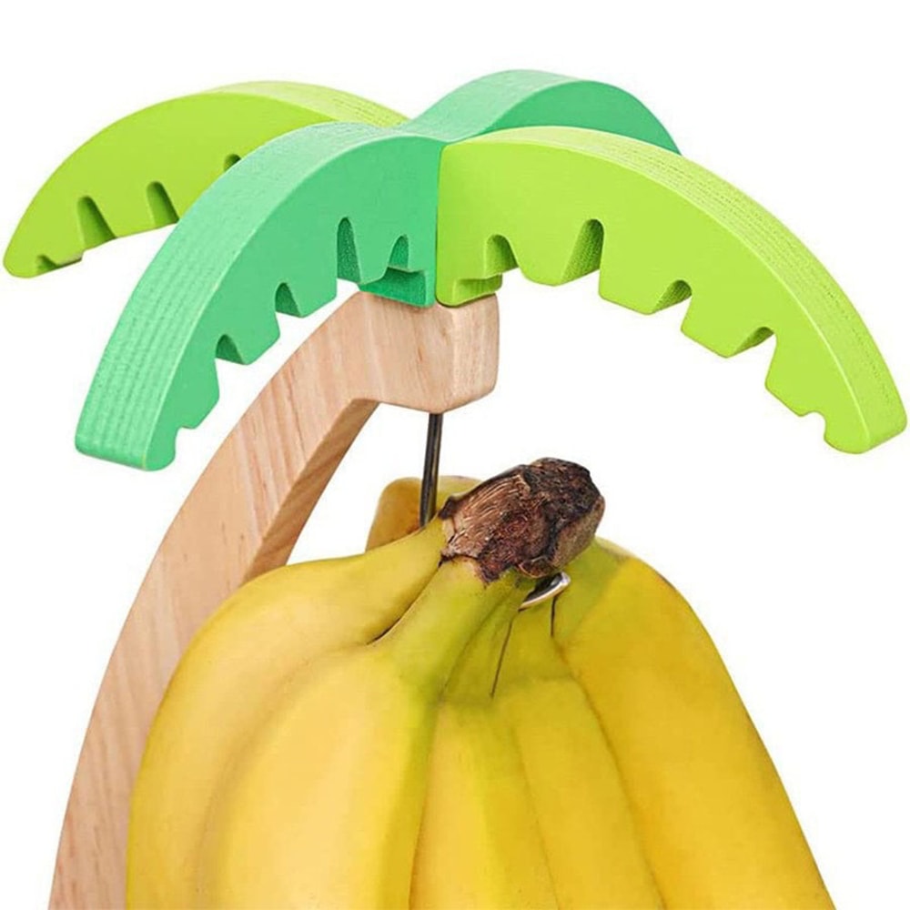 Hanging Kitchen Rack with Hook, Wooden Banana Rack, Vertical Fruit Storage with Simulated Leaf Decoration
