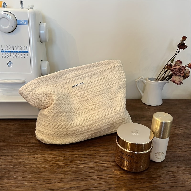 Women's Travel Cosmetic Storage Organizer, Rice Grain Pattern Woven Fabric Handbag, Makeup Pouch, Zipper Closure