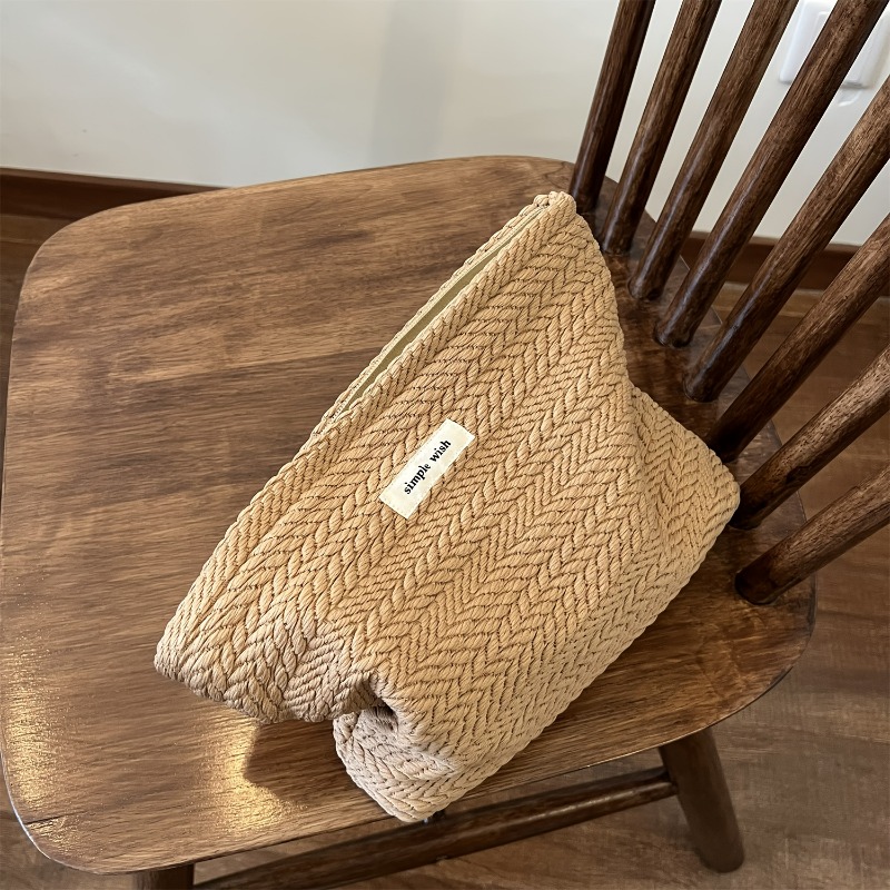 Women's Travel Cosmetic Storage Organizer, Rice Grain Pattern Woven Fabric Handbag, Makeup Pouch, Zipper Closure