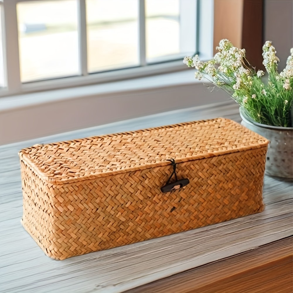 Rectangular Vintage Shelf Handcrafted Woven Storage Basket Partitioned Storage Box For Home Storage 3
