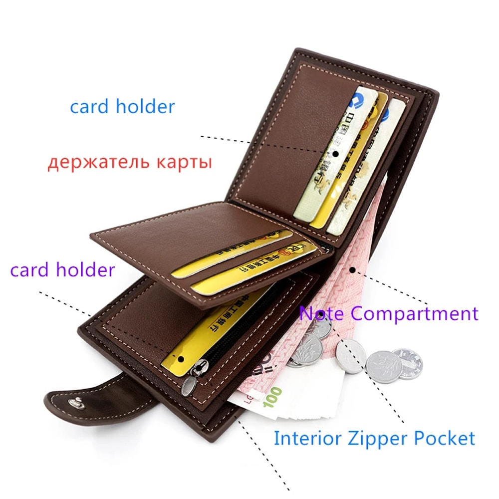 Male Short Zipper Wallet, Men's Business Wallet High Quality PU Leather, Credit Card Holder Case, Coin Pocket Purse