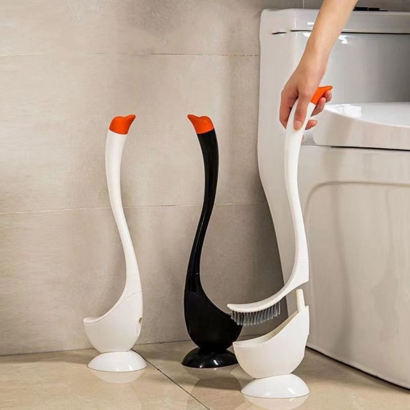 Dense Bristle Head Plastic Toilet Plunger Household, Swan Shape Long Handle Toilet Brush, cute holder set