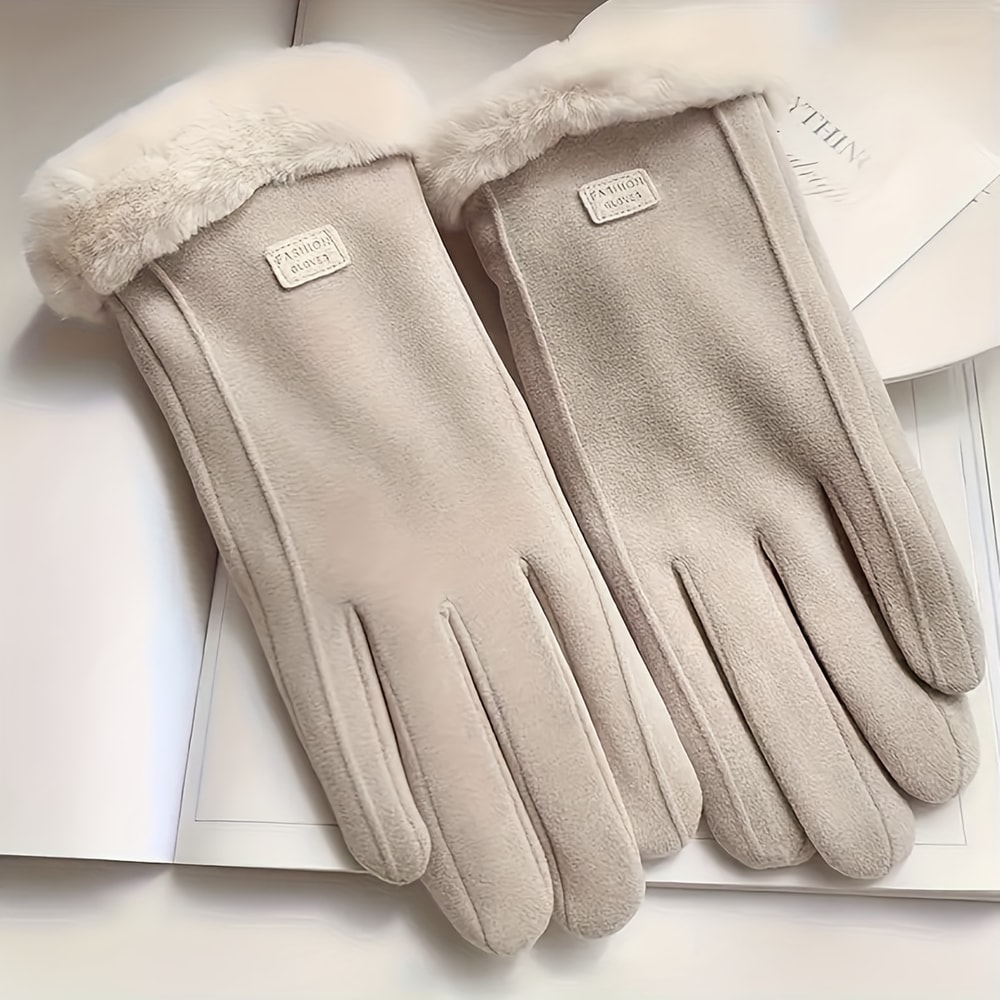 Plush Lining Touchscreen Gloves Comfortable Beige Thick And Warm Winter Protection For Outdoor Leis 2