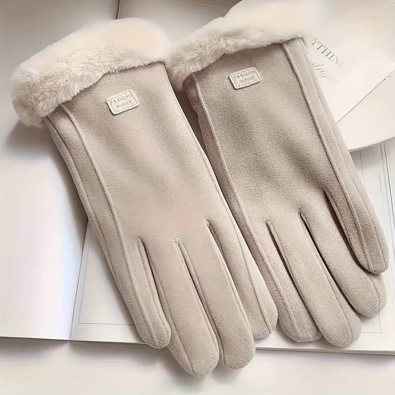 Plush Lining Touchscreen Gloves Comfortable Beige Thick And Warm Winter Protection For Outdoor Leis 5