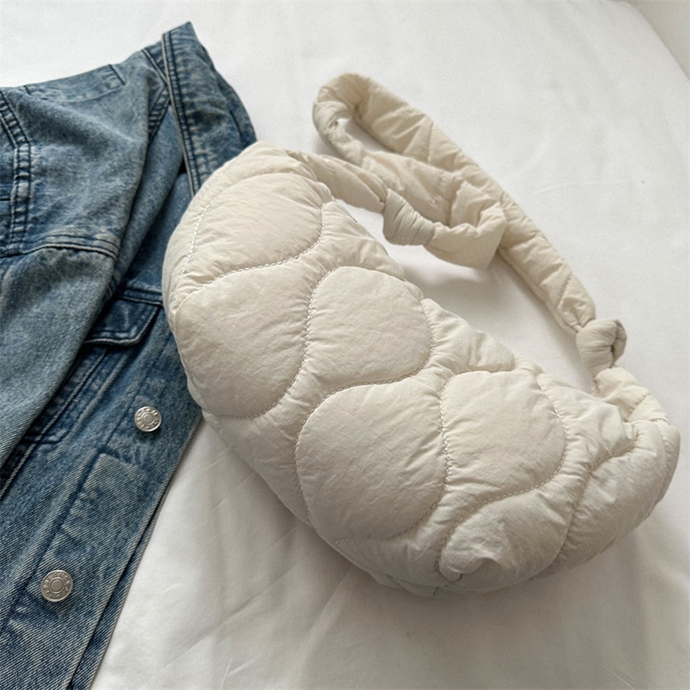 Soft Pillow Shopper Bag, Female Puffer Shoulder Bag, Padded Tote Handbag, Ruched Messenger Bag, Winter Checkered Design